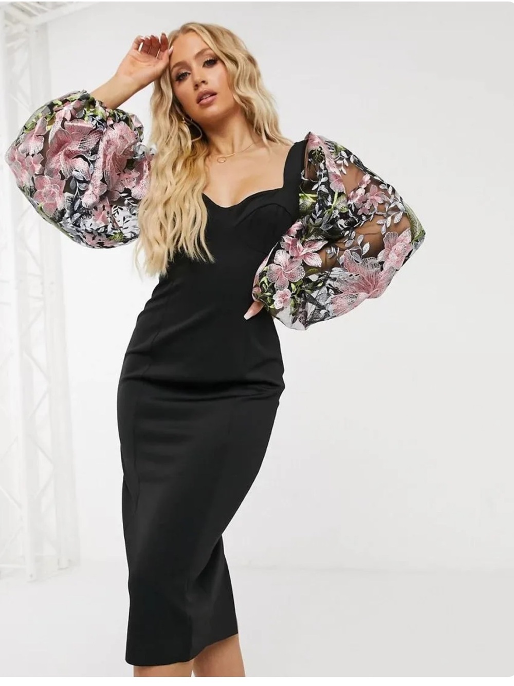 ASOS Black Dress with Floral Sheer Puff Sleeves